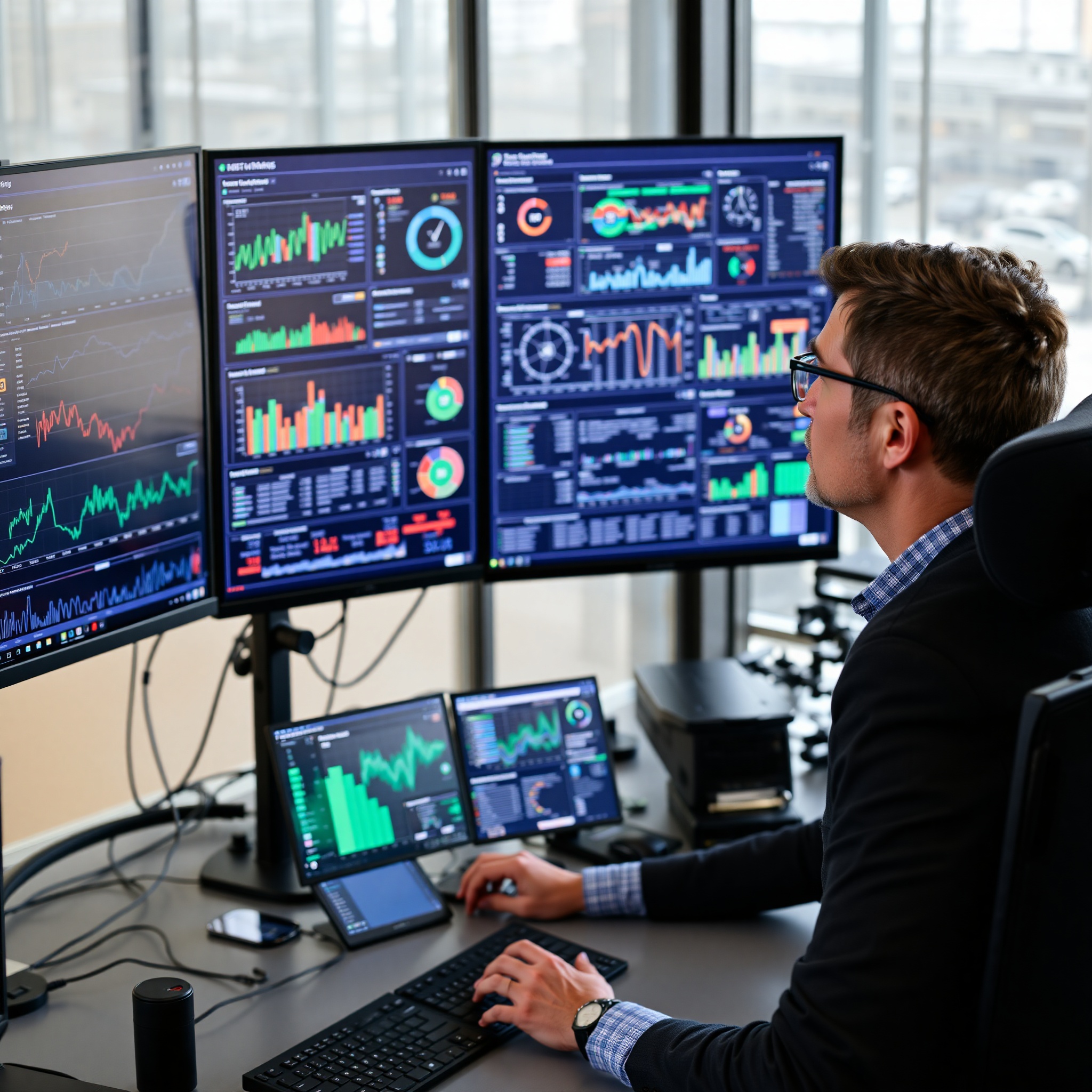 Data scientist analyzing business metrics and insights on large interactive display screen in analytics center