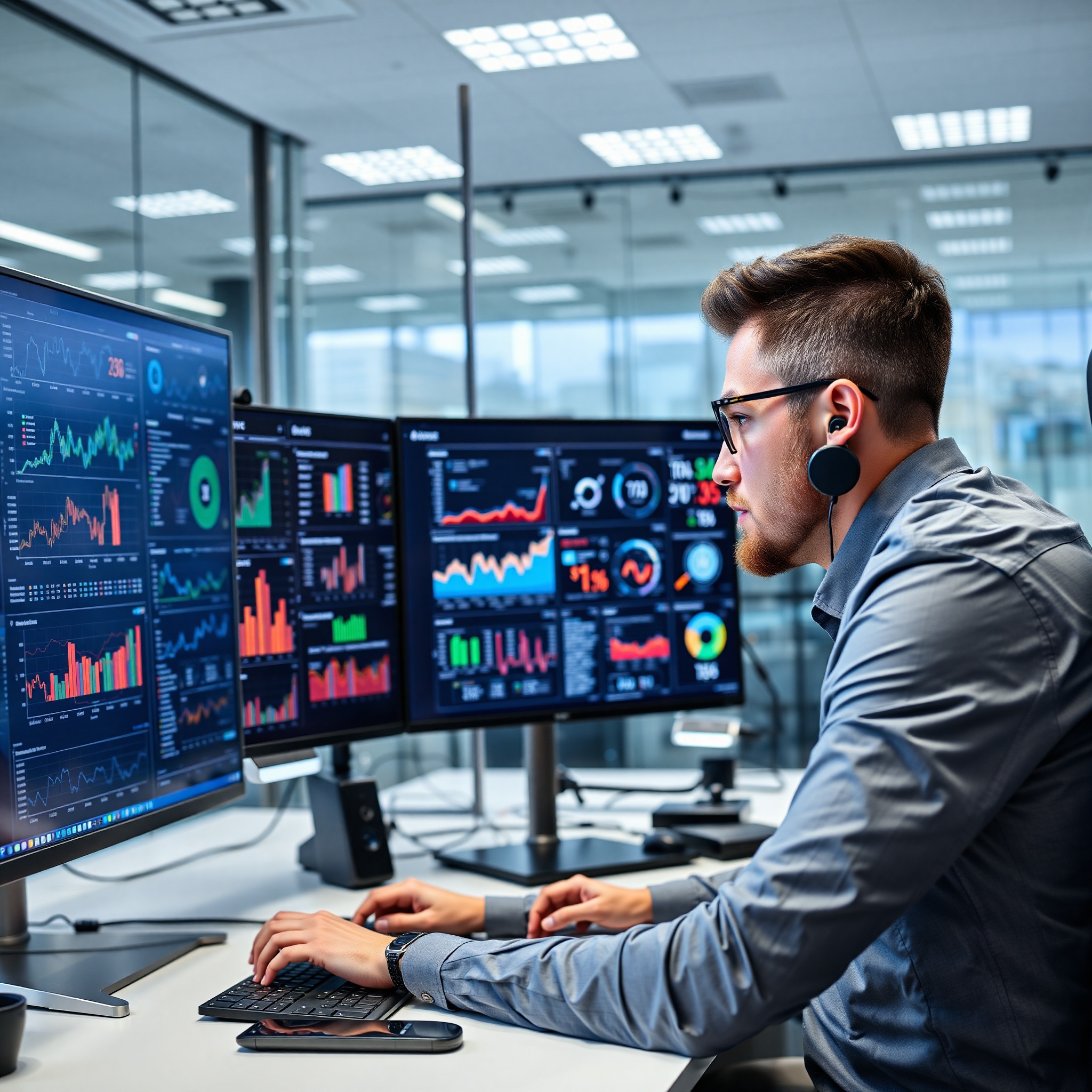 Data scientist analyzing large datasets with advanced analytics tools and visualizations