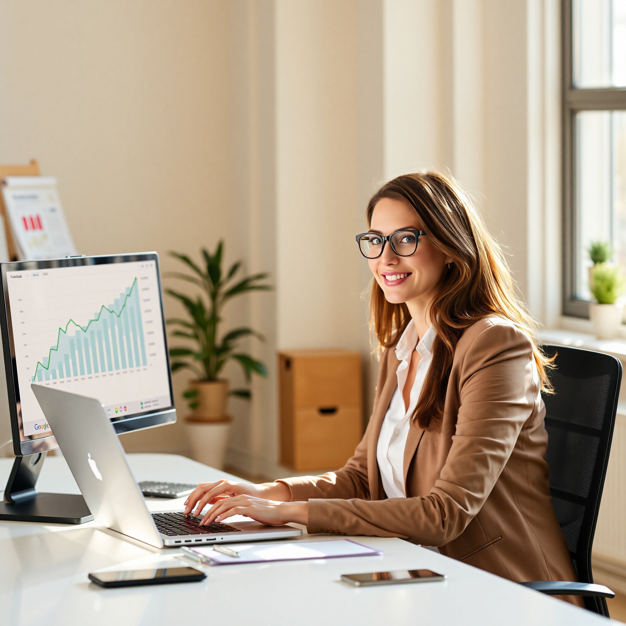 Professional woman smiling while working on laptop at modern workspace with career growth charts displayed