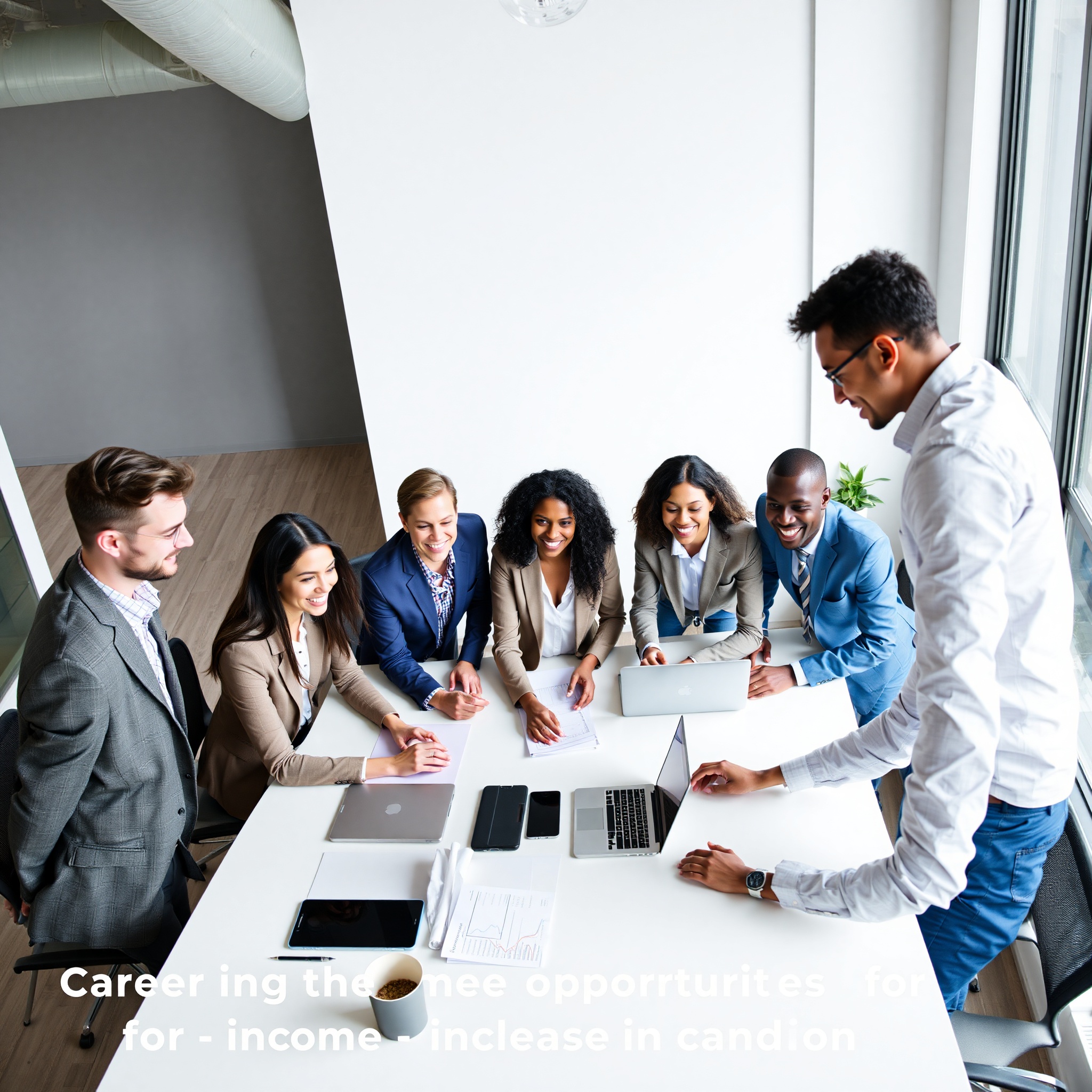 Professional business team collaborating in modern office environment with natural lighting and growth charts visible