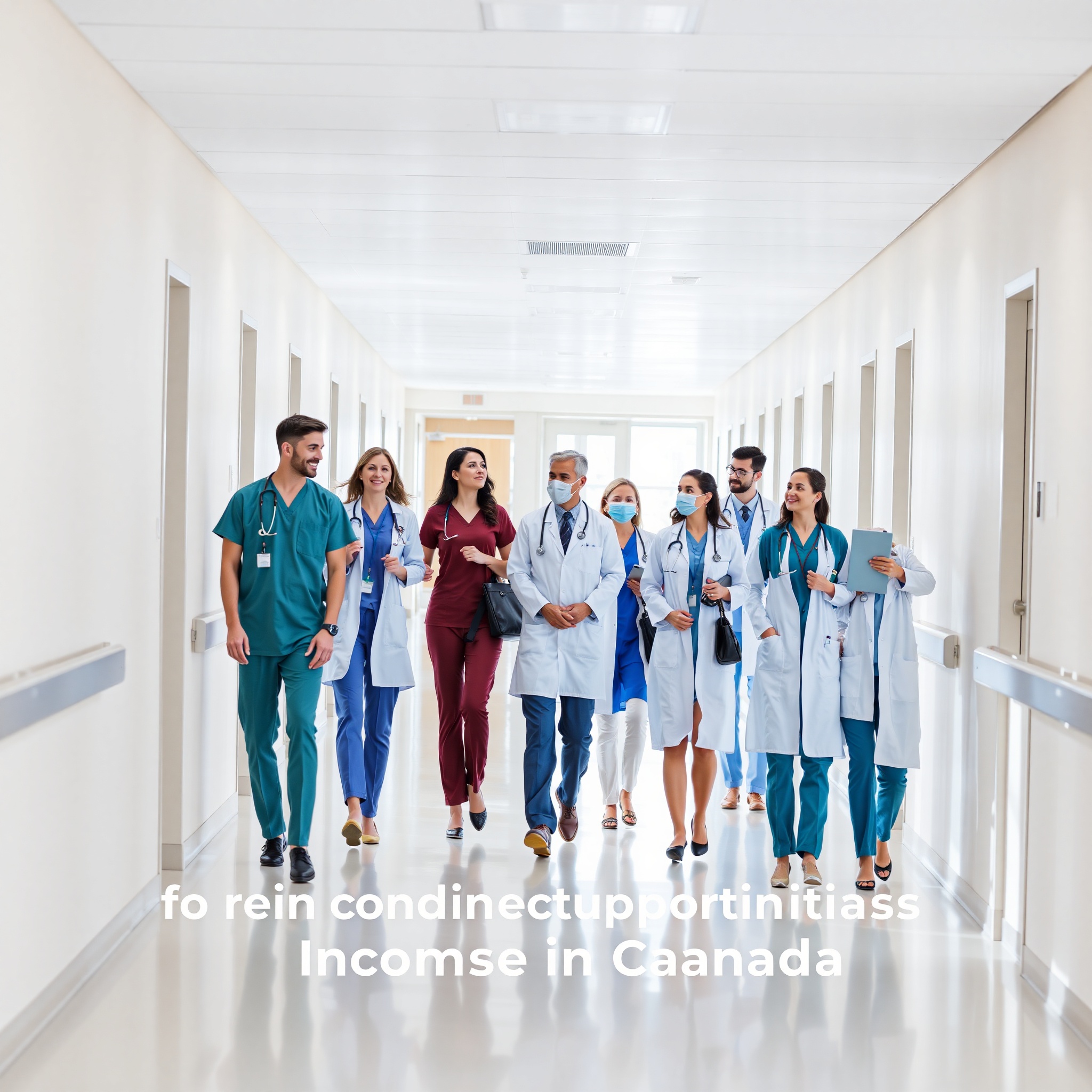 Professional healthcare workers collaborating in modern hospital corridor with natural lighting
