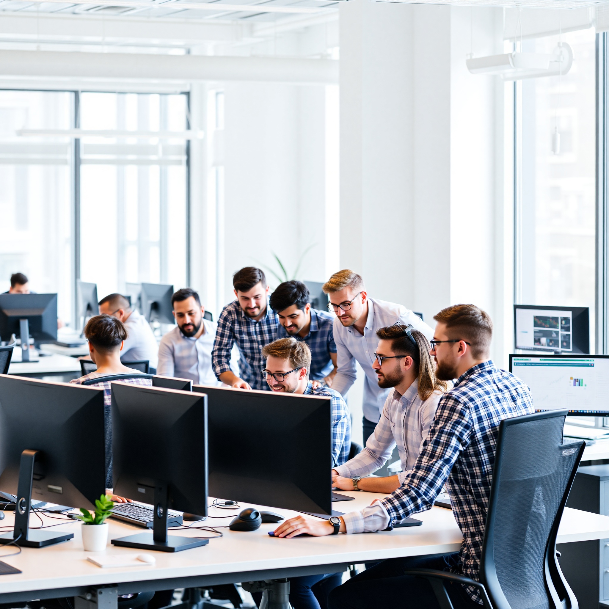 Professional tech workers collaborating in modern office environment with multiple computer monitors
