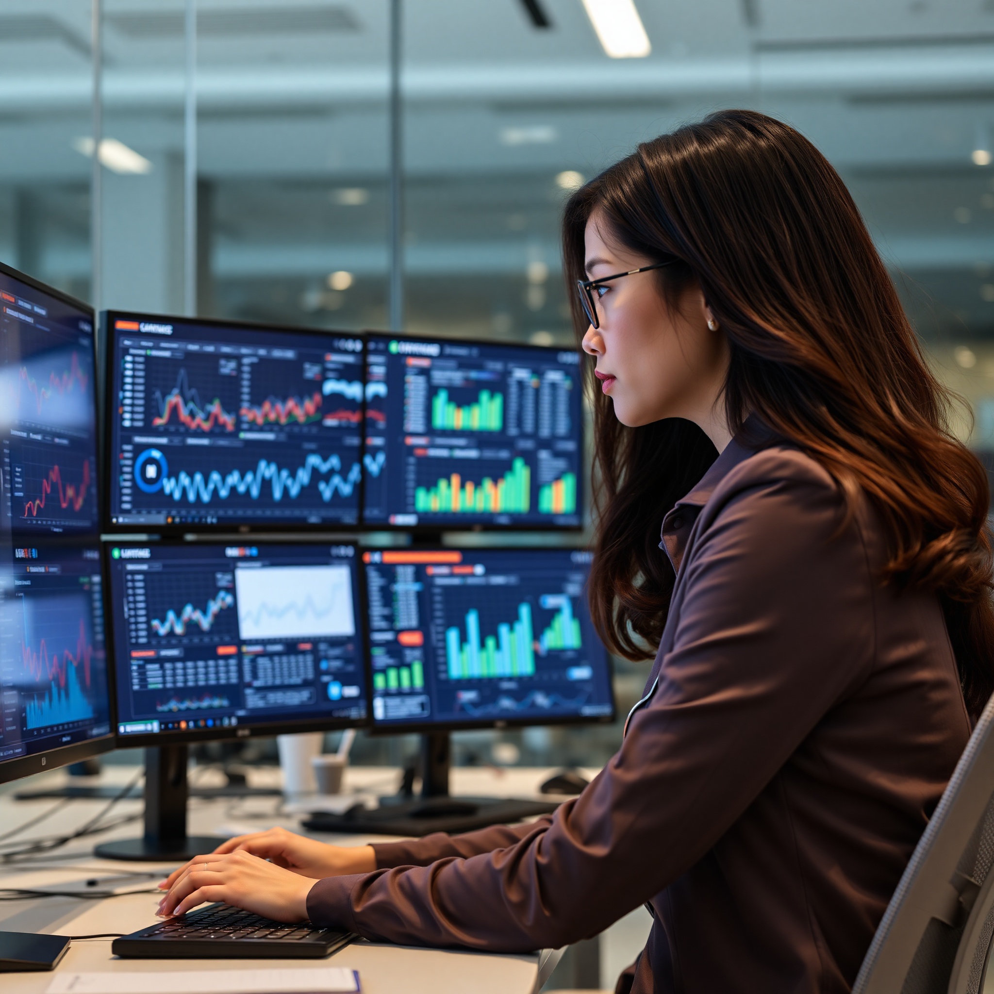 Data analyst reviewing analytics dashboard with multiple performance metrics displayed