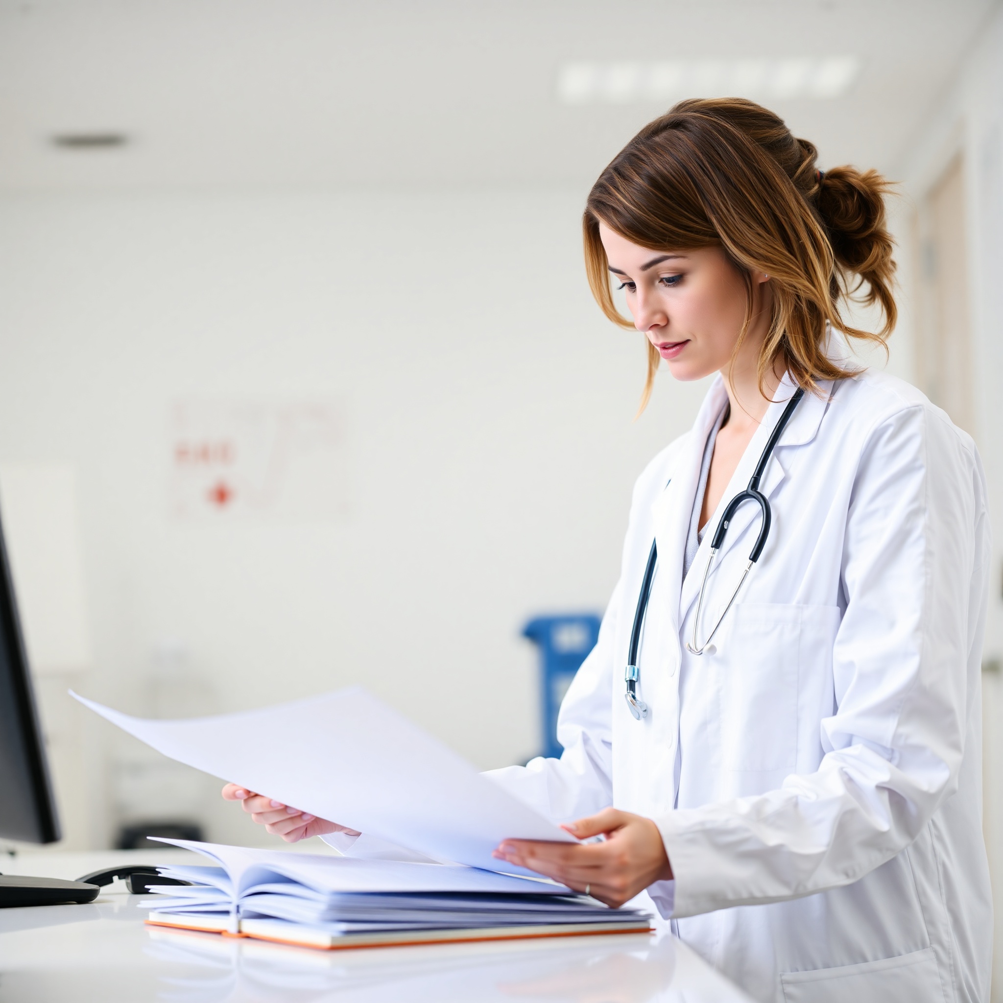 Healthcare professional in medical scrubs reviewing patient records in hospital setting