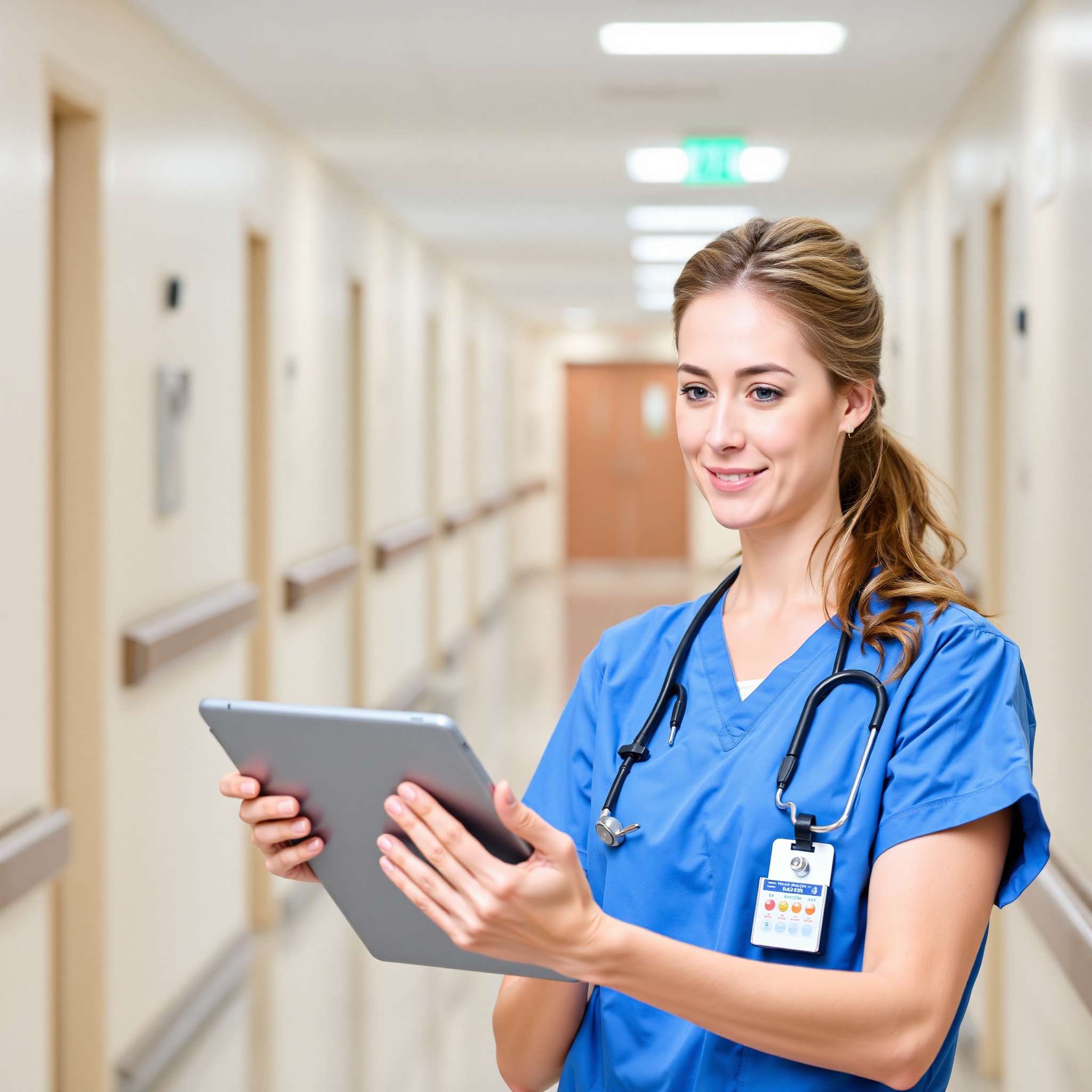 Healthcare professional nurse in medical scrubs reviewing patient data on digital tablet in modern hospital setting with clinical background