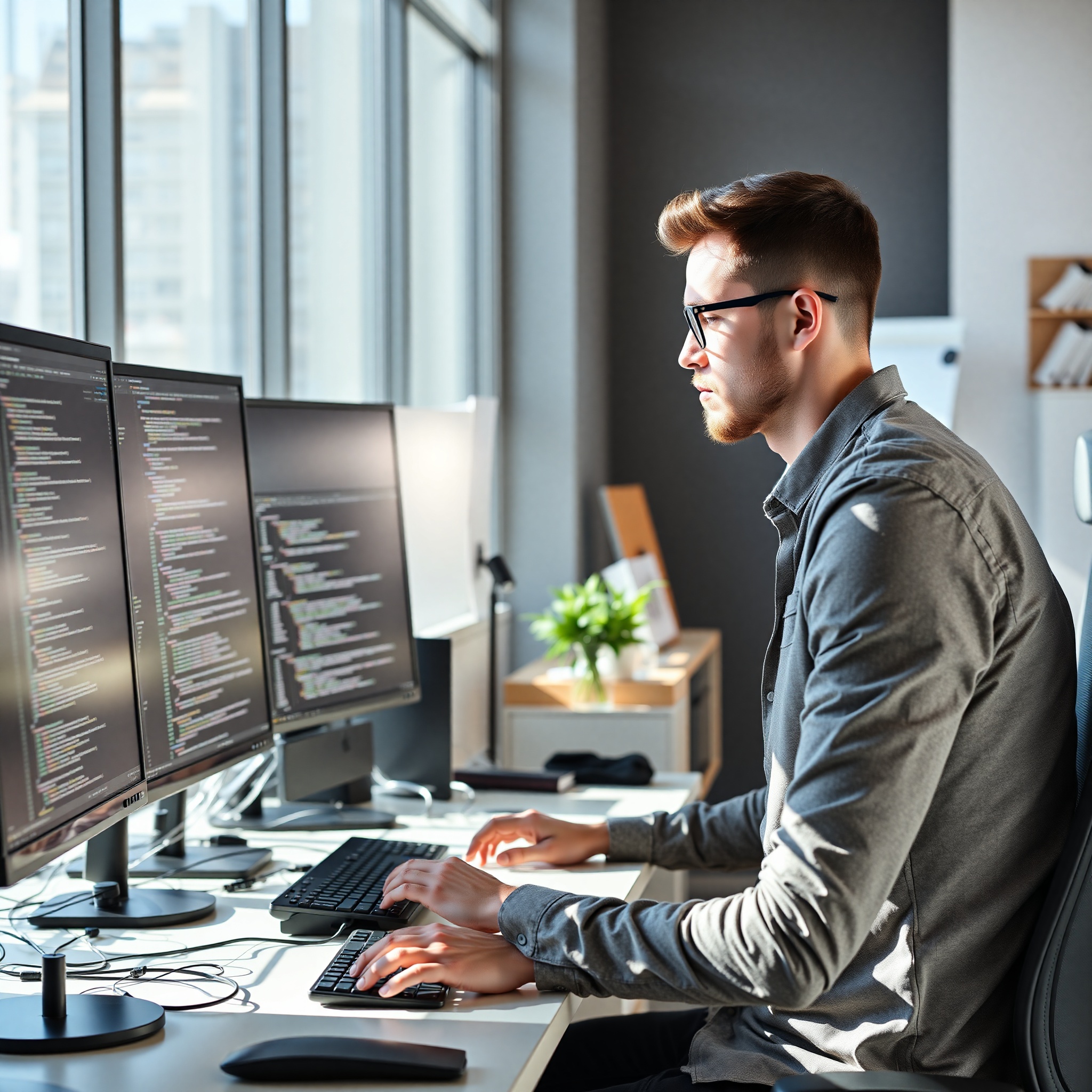 Software developer focused on coding at modern workspace with dual monitors