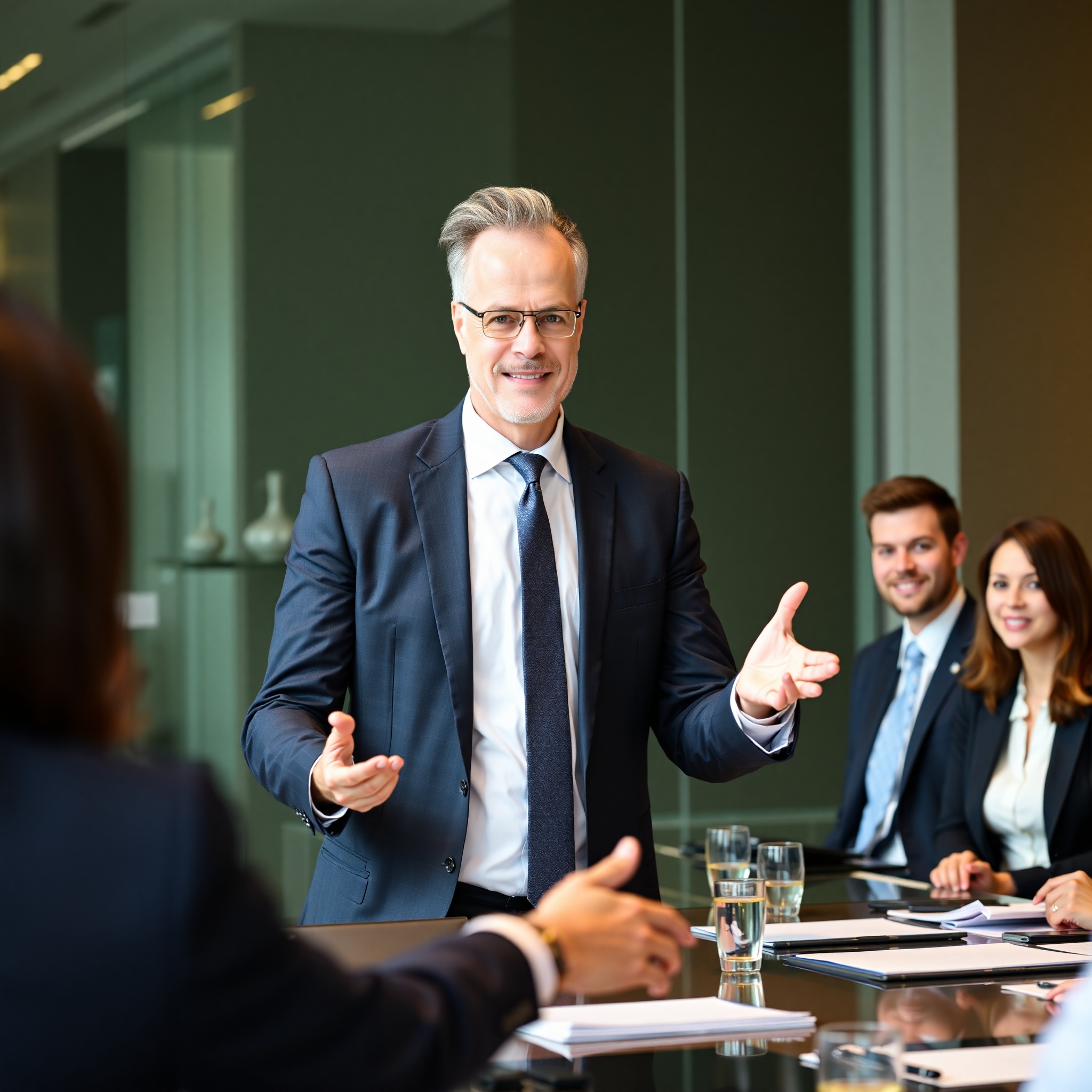 Business executive presenting strategy to team in professional conference room
