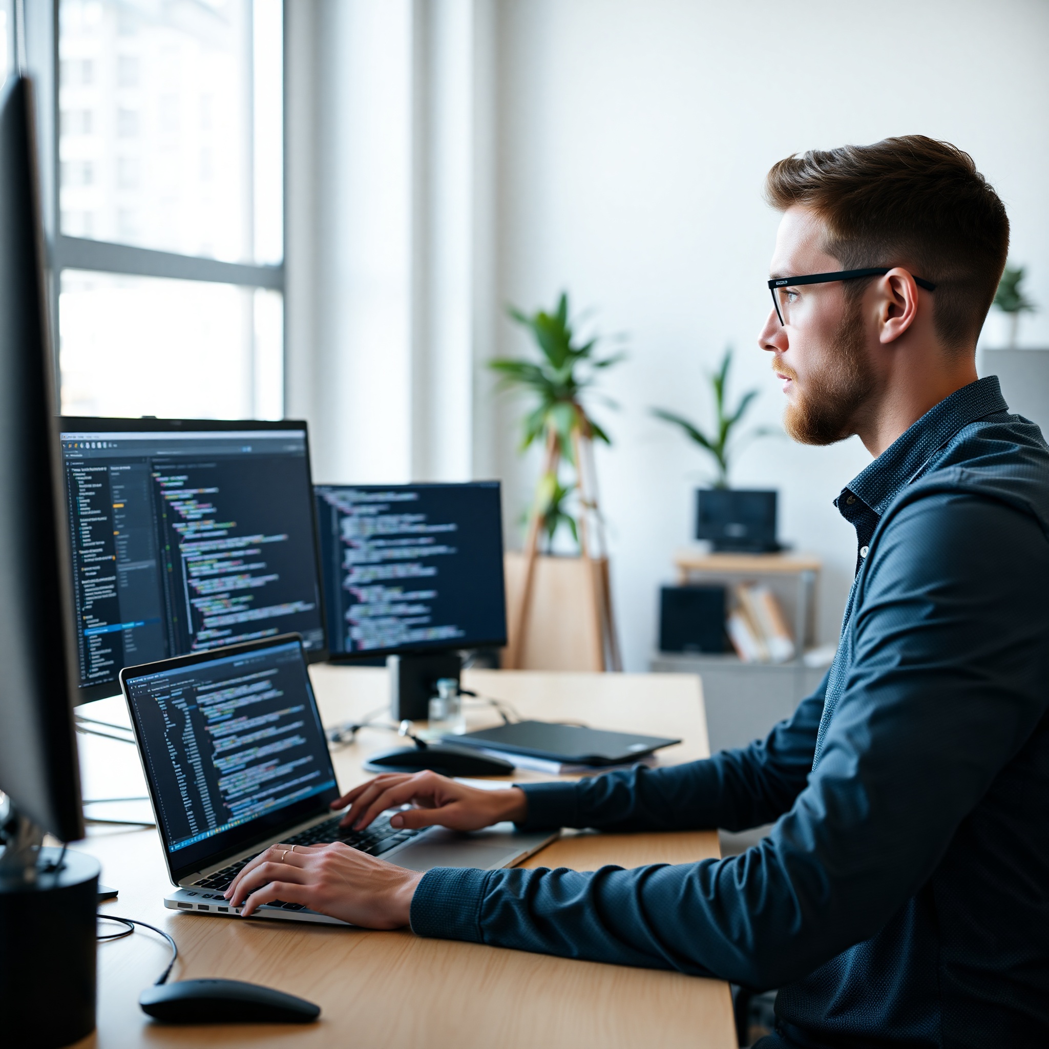 Professional software developer working on computer with multiple coding windows displaying complex application architecture