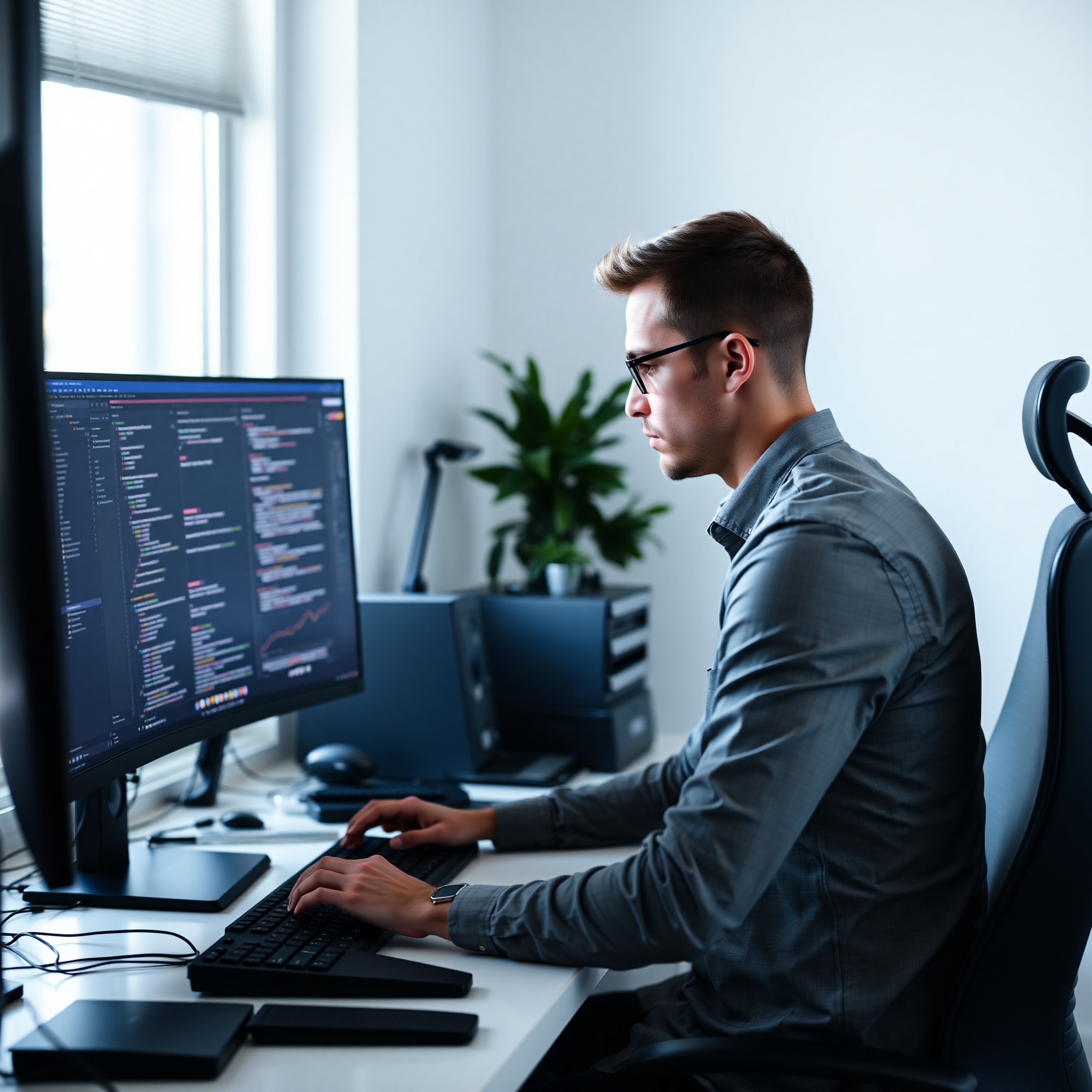 Software developer focused on coding at modern workspace with dual monitors