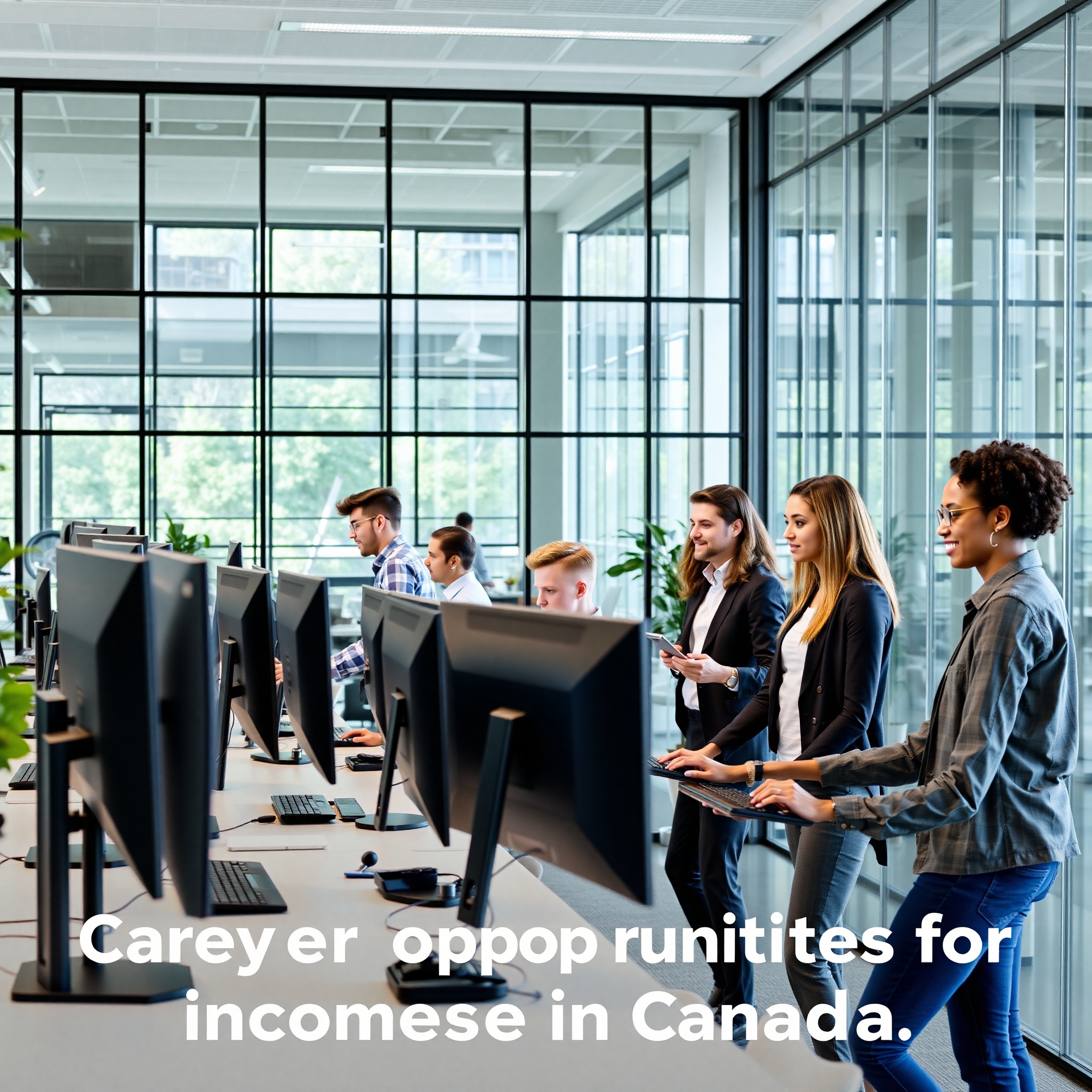 Professional photo of diverse tech team collaborating in modern office with multiple monitors, natural lighting from windows, collaborative atmosphere