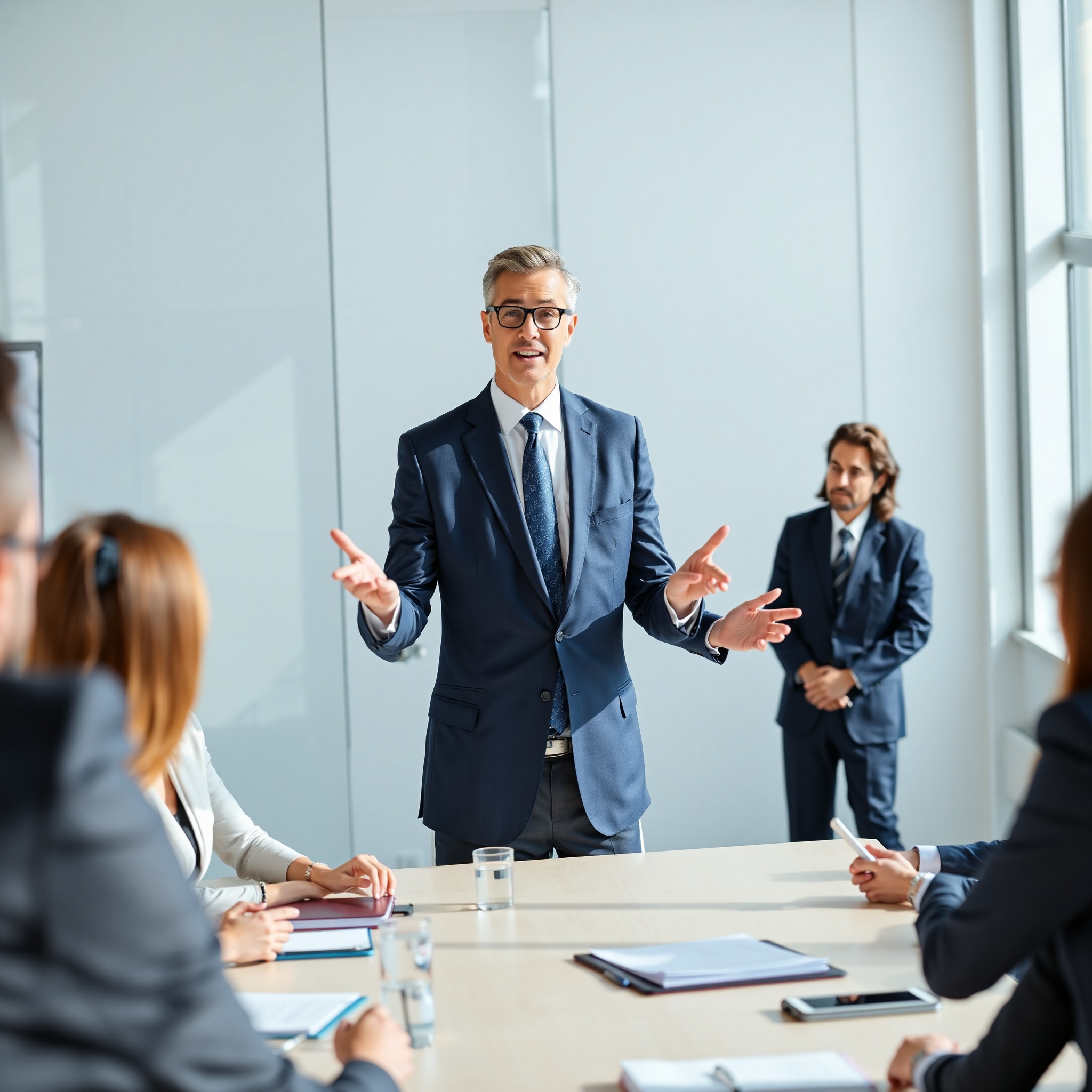 Business executive presenting strategy to team in professional conference room