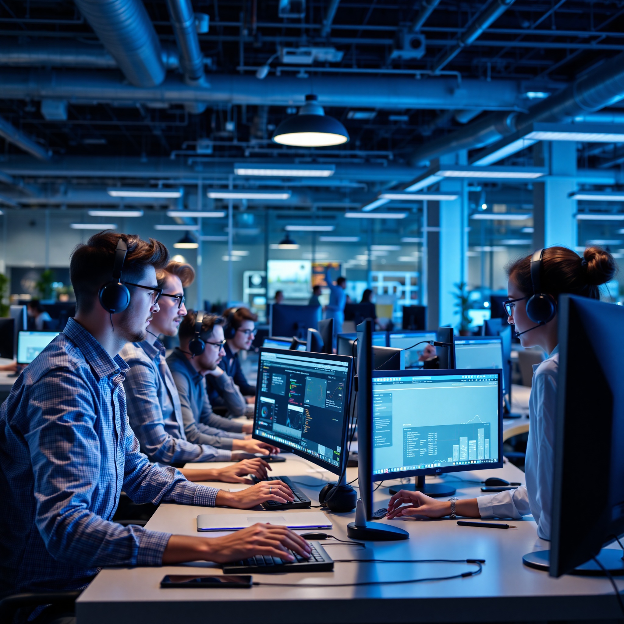 Technology professionals collaborating on software development project with advanced equipment